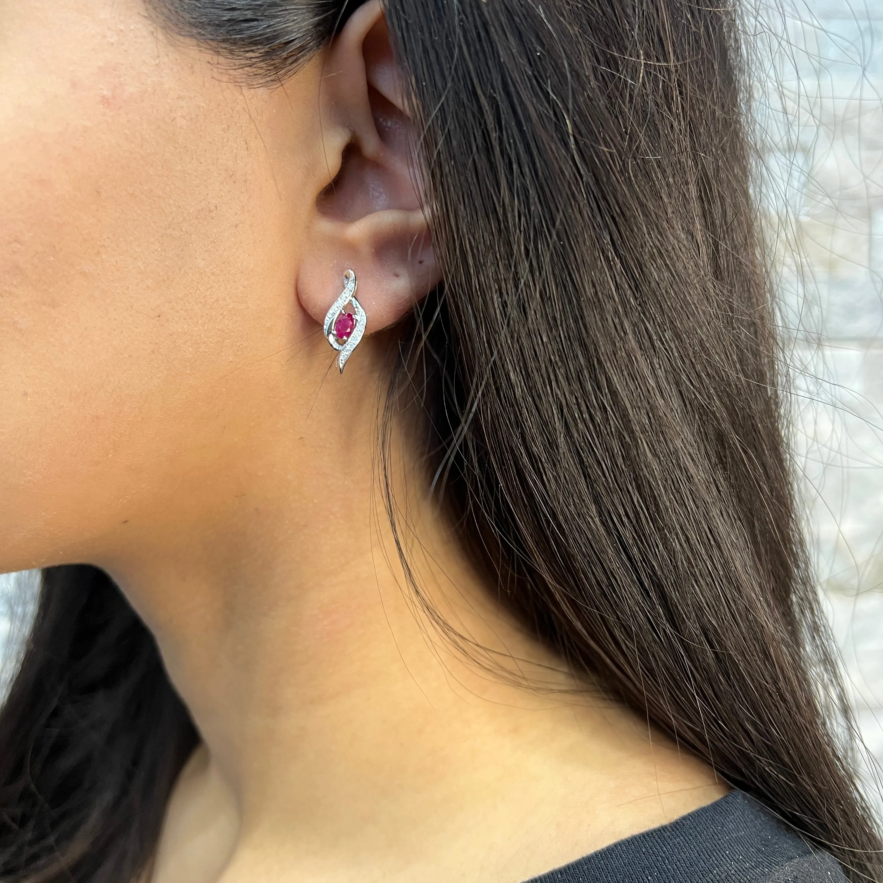 10K White Gold Ruby and Diamond Stud Earrings