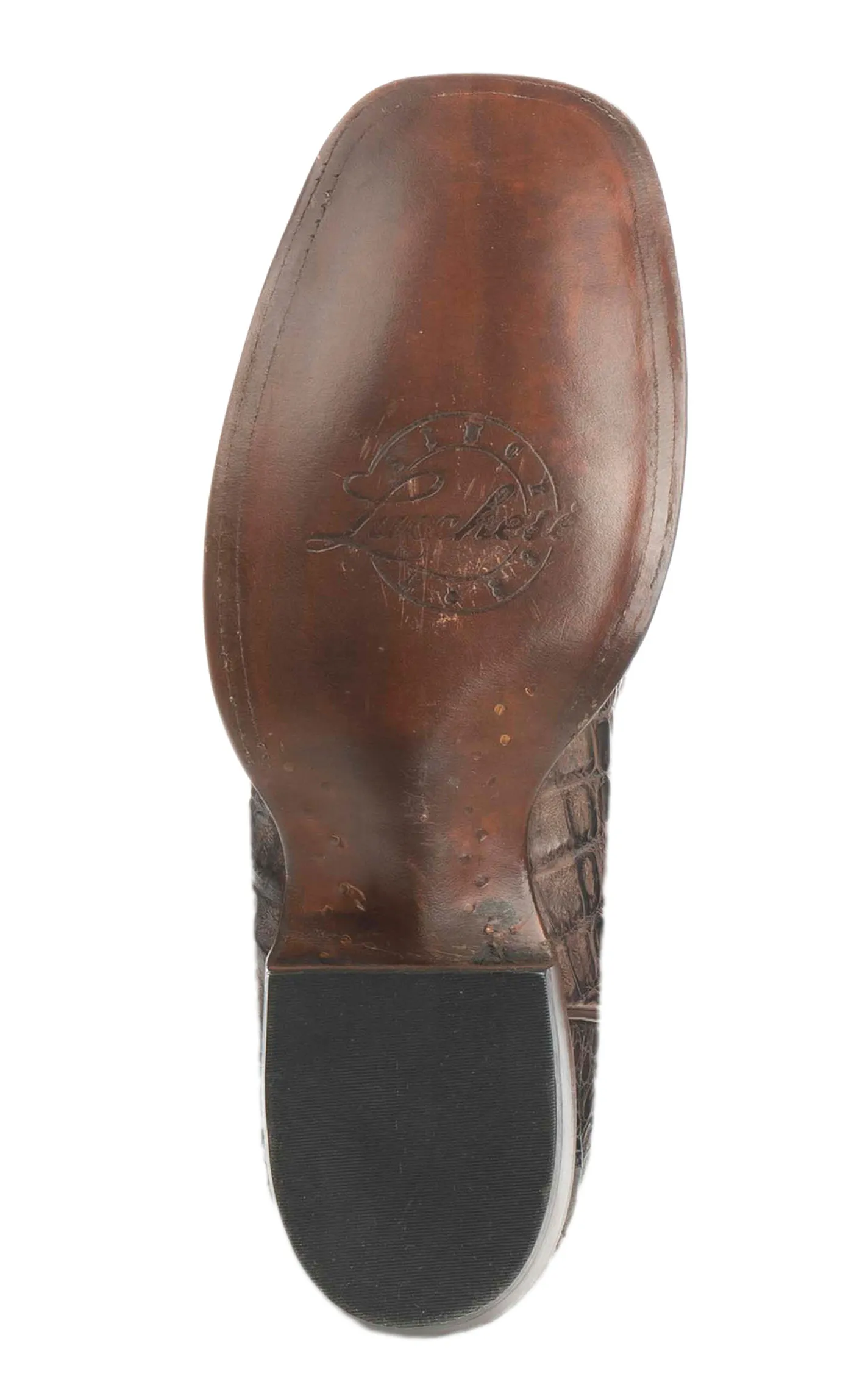 Lucchese Men's Barrel Brown Burnish and Chocolate Hornback Caiman Wide Square Toe Exotic Cowboy Boots