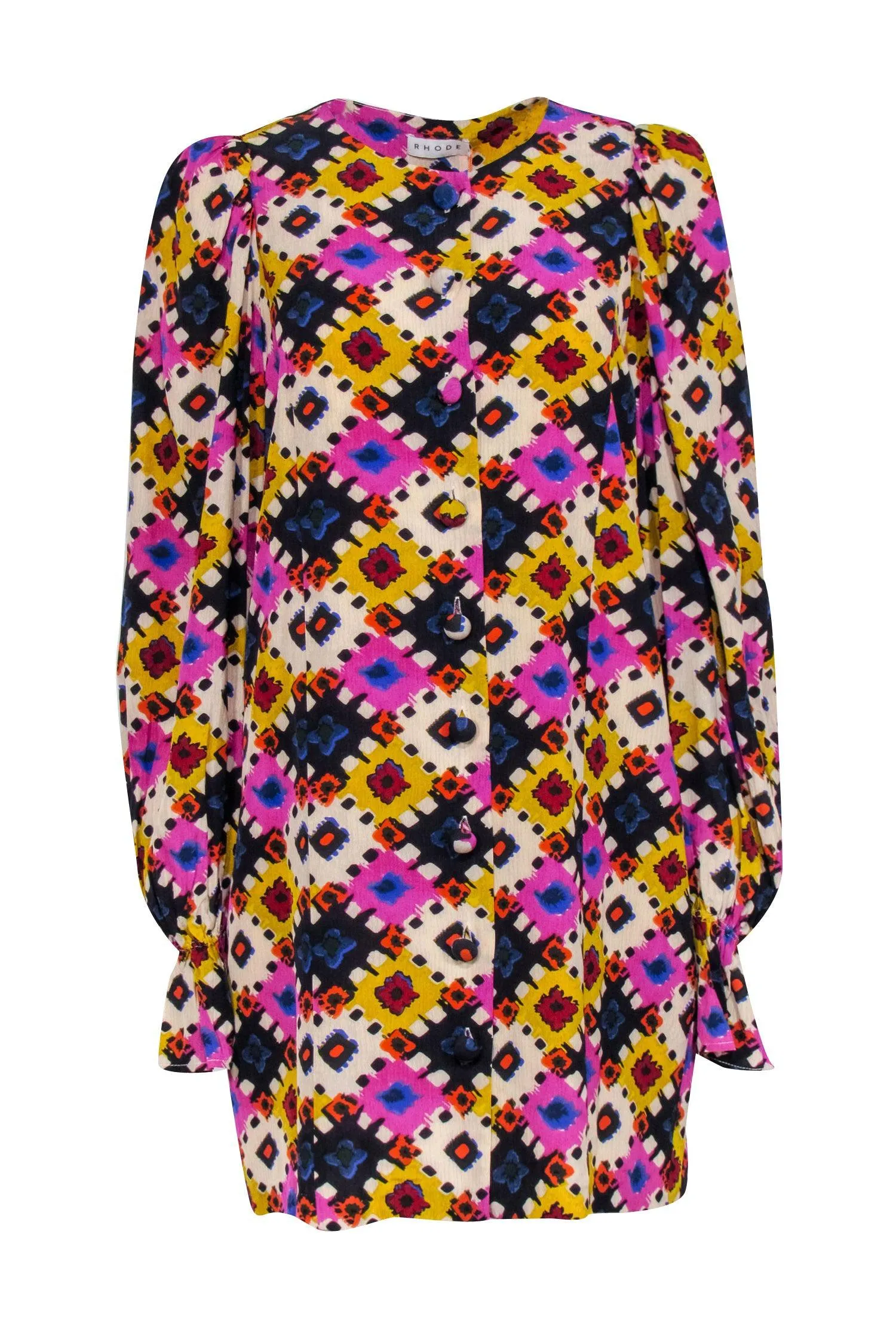 Rhode - Beige, Purple, Blue, & Yellow Abstract Print Button-Up Dress Sz M