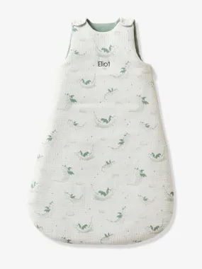 Sleeveless Baby Sleeping Bag in Cotton Gauze, Dragon - printed white