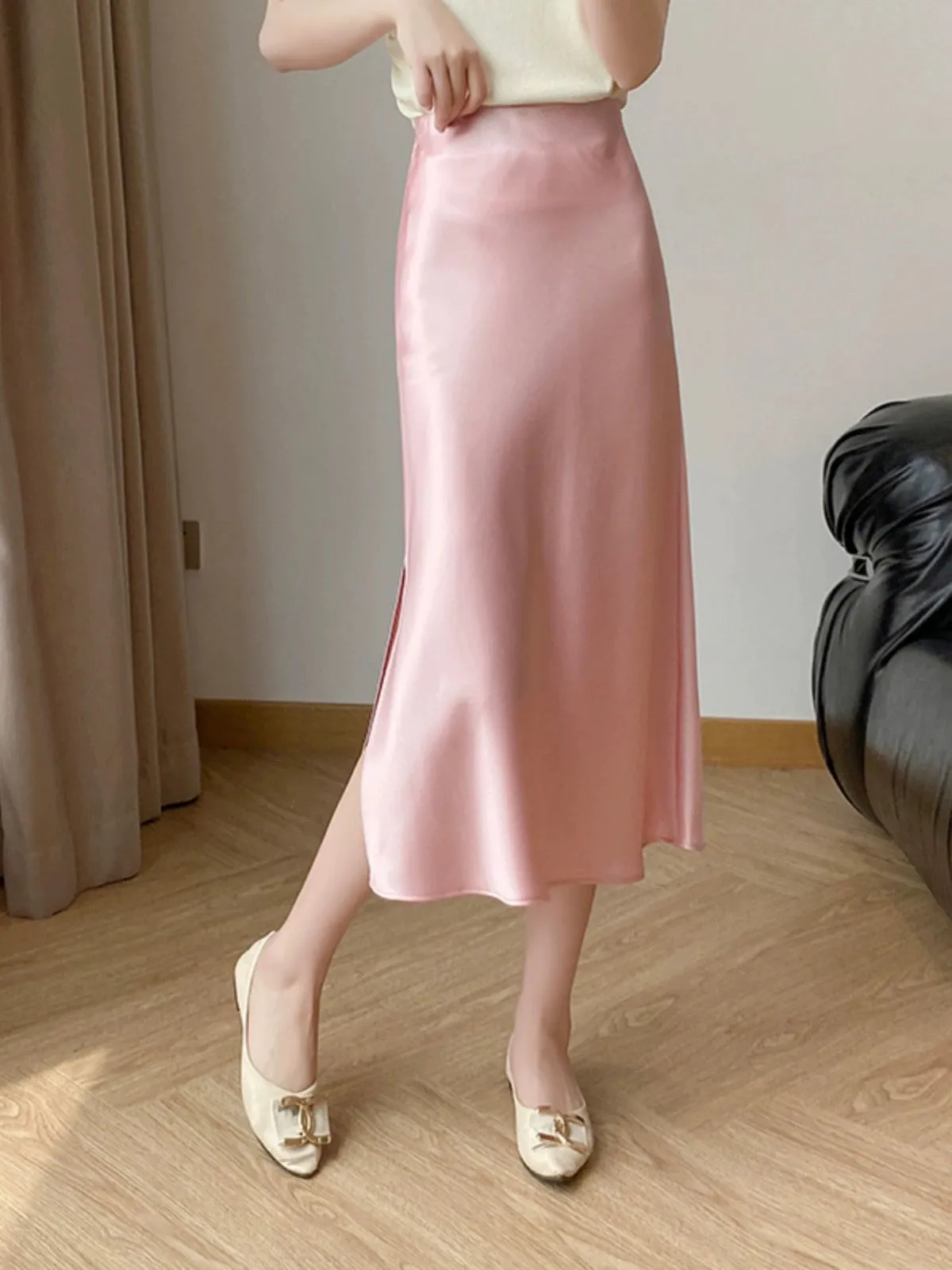 Temperament Pink Acetate Skirt Women's Summer High Waist Slim A-Line Skirt Silky Satin Silk Hip-covering Fishtail Long Skirt