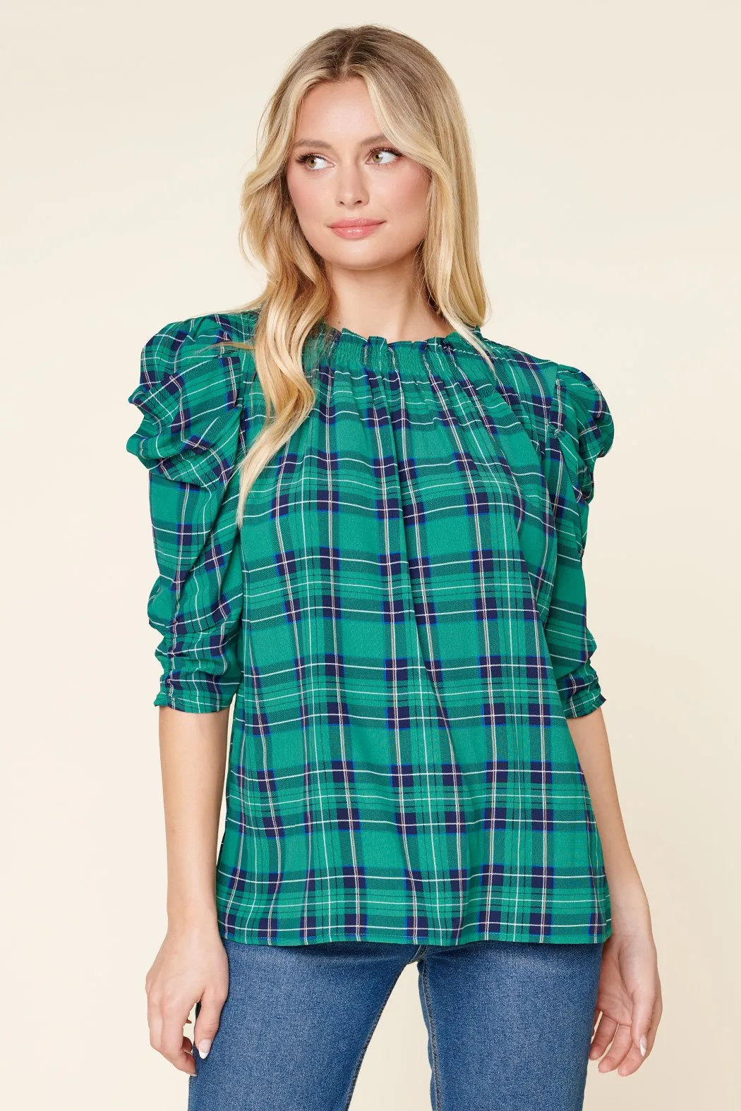 Woodland Plaid Drape Sleeve Top